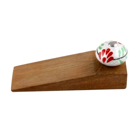 White Red Floral Crackle Ceramic Wooden Door Stopper